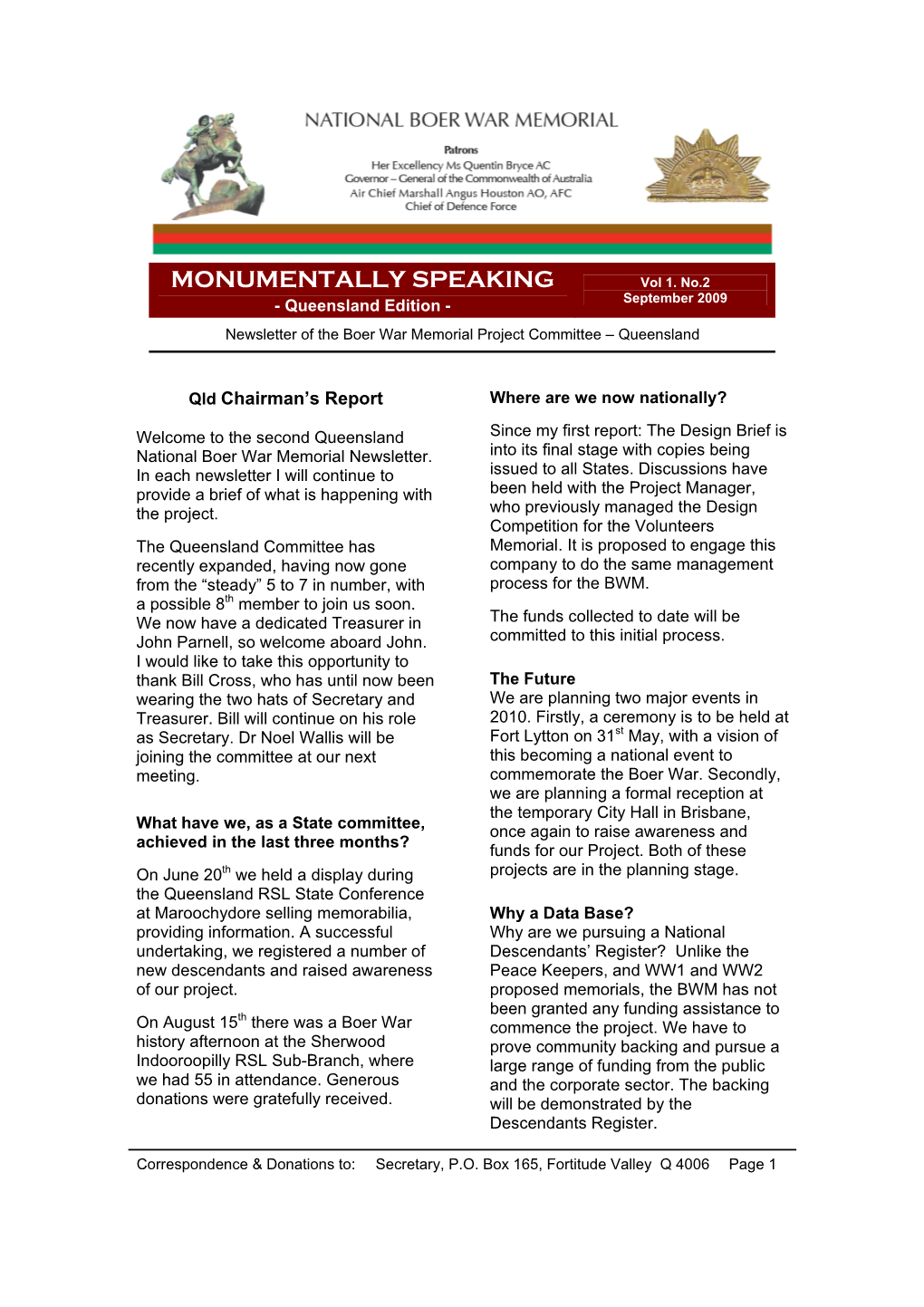 September 2009 Newsletter of the Boer War Memorial Project Committee – Queensland