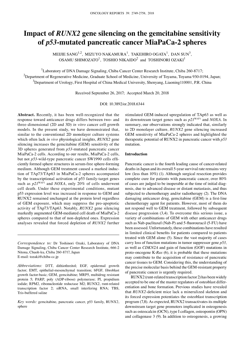 Impact of RUNX2 Gene Silencing on the Gemcitabine Sensitivity of P53‑Mutated Pancreatic Cancer Miapaca‑2 Spheres