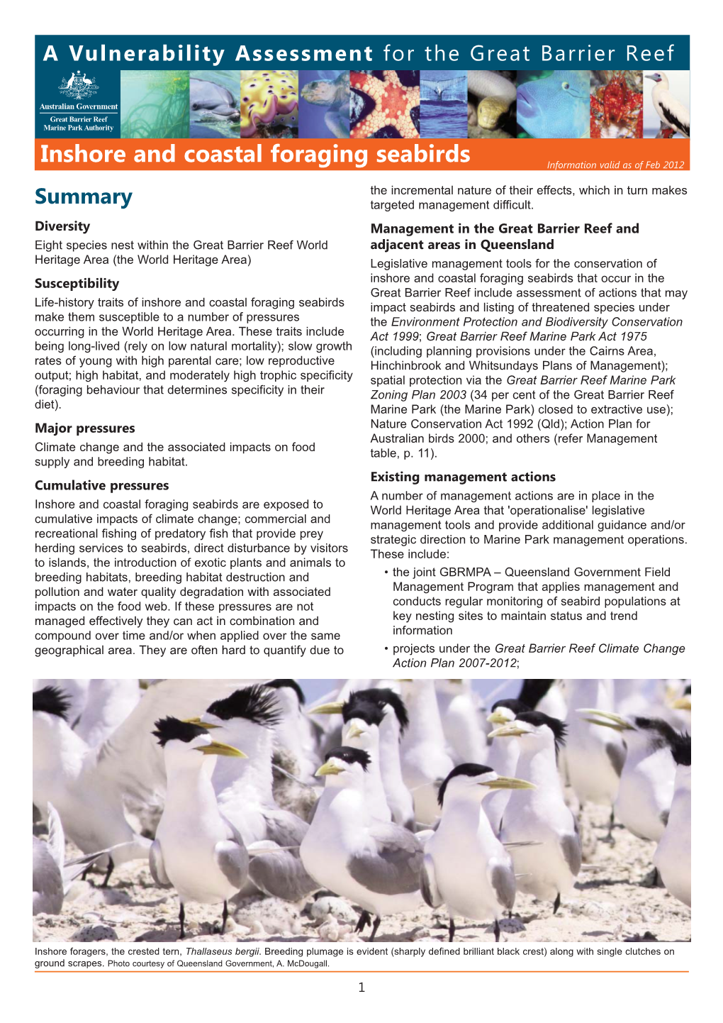 Inshore and Coastal Foraging Seabirds Information Valid As of Feb 2012