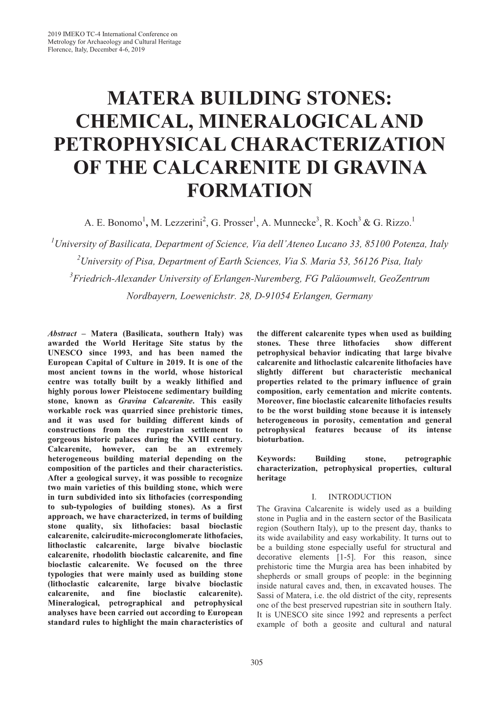 Matera Building Stones: Chemical, Mineralogical and Petrophysical Characterization of the Calcarenite Di Gravina Formation