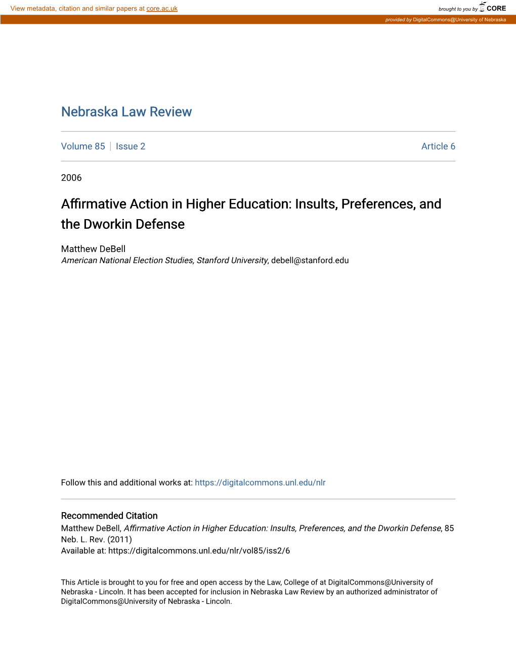 Affirmative Action in Higher Education: Insults, Preferences, and the Dworkin Defense