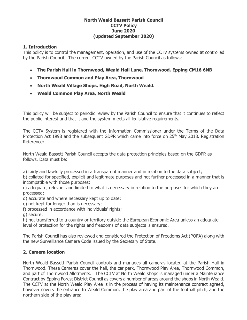 North Weald Bassett Parish Council CCTV Policy June 2020 (Updated September 2020)