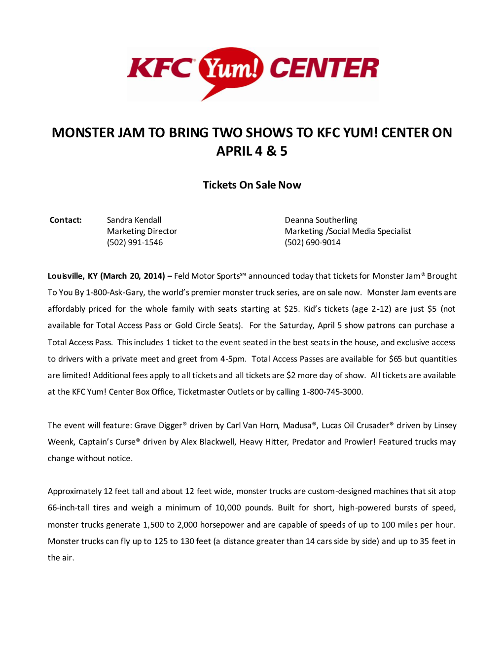 Monster Jam to Bring Two Shows to Kfc Yum! Center on April 4 & 5