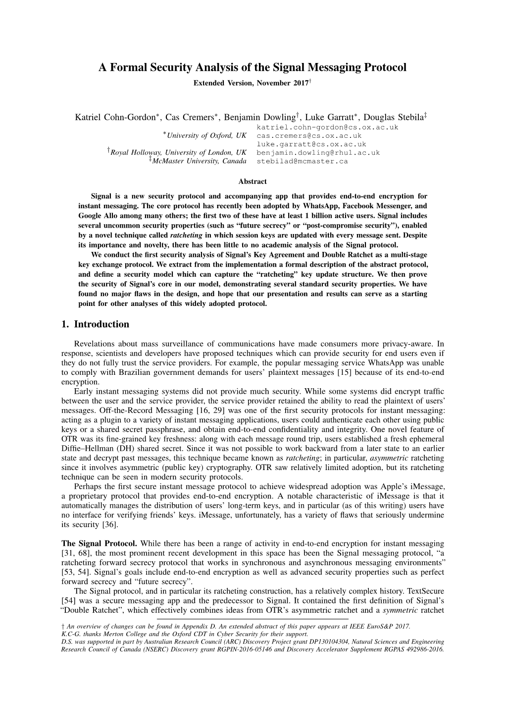 A Formal Security Analysis of the Signal Messaging Protocol Extended Version, November 2017†