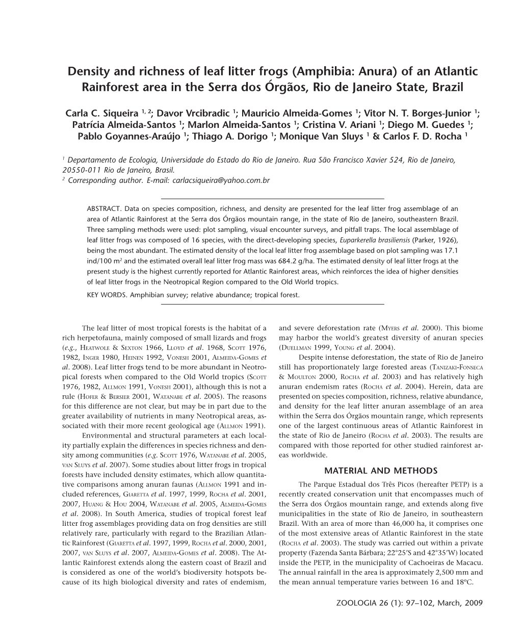 Density and Richness of Leaf Litter Frogs (Amphibia: Anura) of an Atlantic Rainforest Area in the Serra Dos Órgãos, Rio De Janeiro State, Brazil