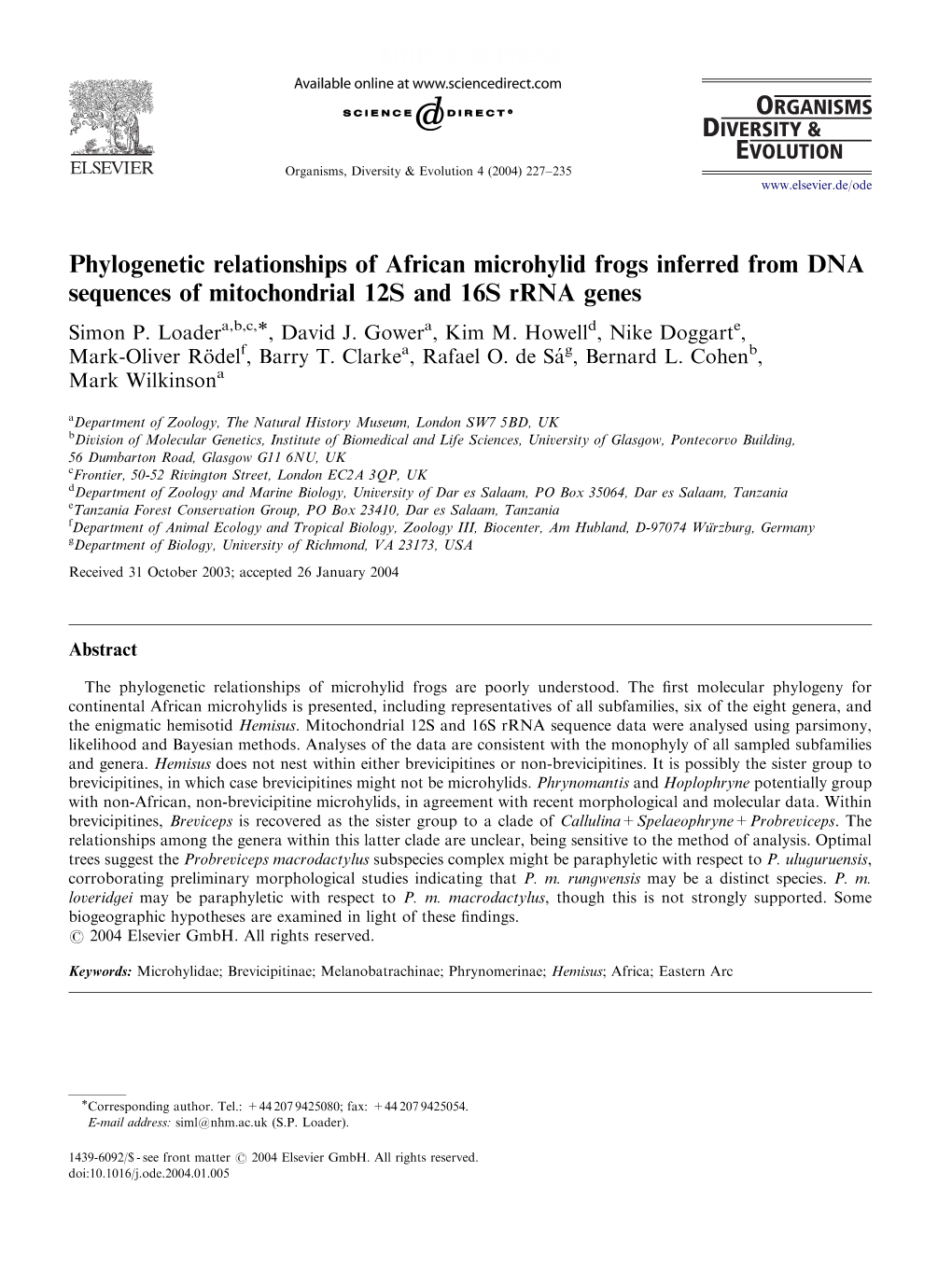 Phylogenetic Relationships of African Microhylid Frogs Inferred from DNA Sequences of Mitochondrial 12S and 16S Rrna Genes Simon P