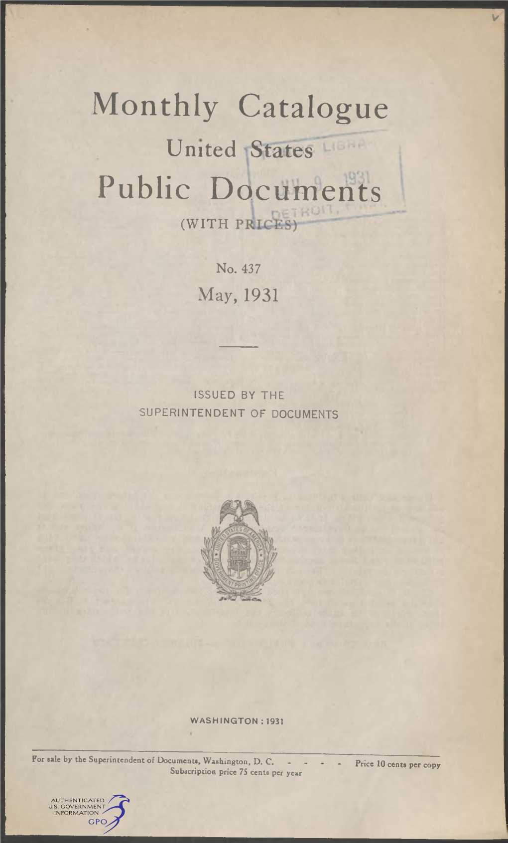 Monthly Catalogue, United States Public Documents, May 1931