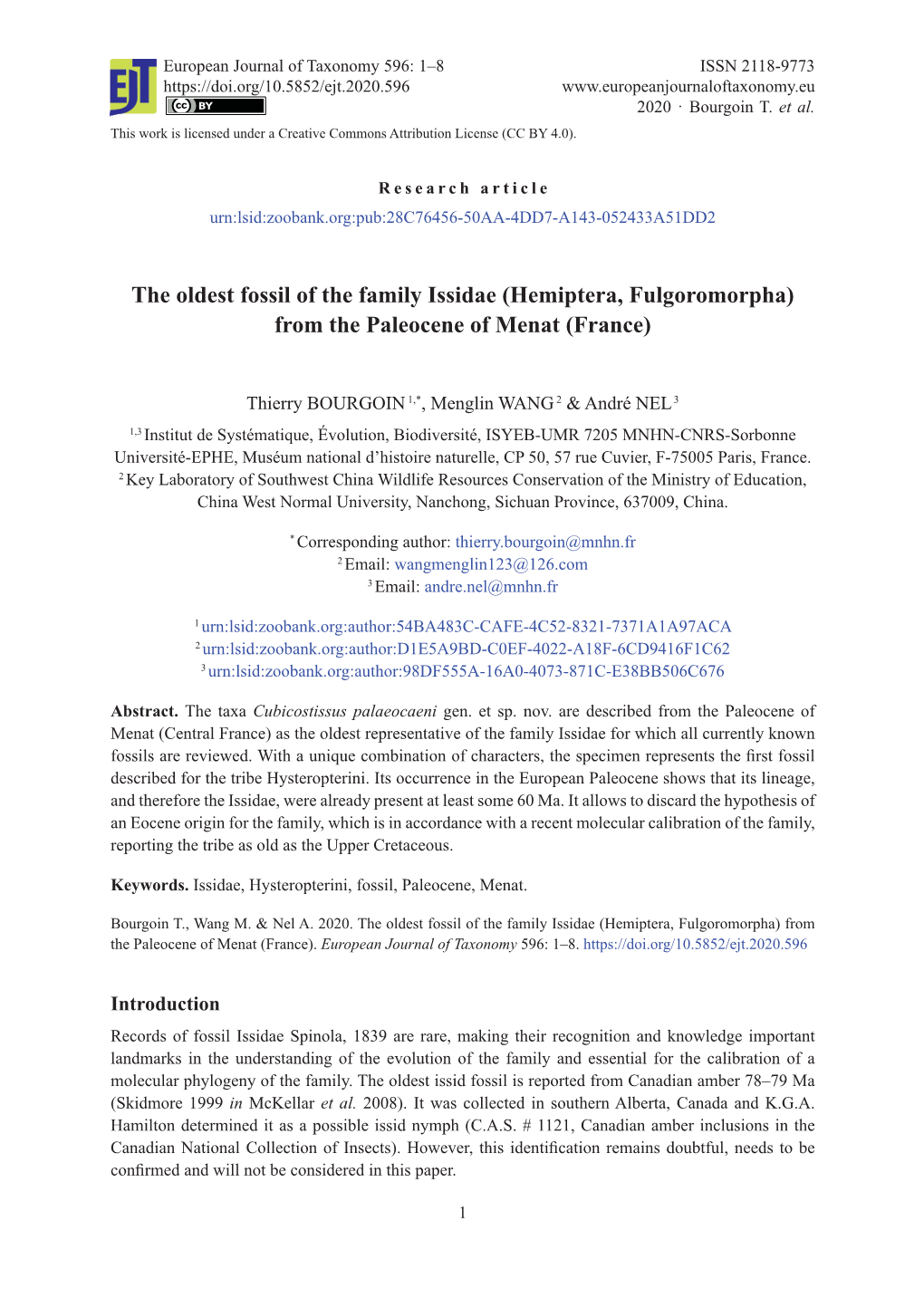 The Oldest Fossil of the Family Issidae (Hemiptera, Fulgoromorpha) from the Paleocene of Menat (France)