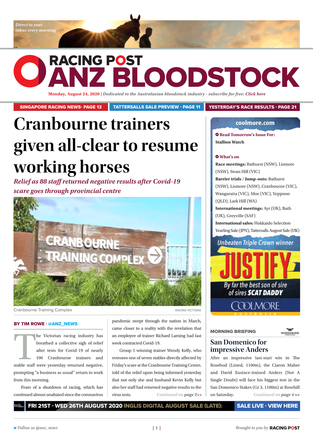 Cranbourne Trainers Given All-Clear to Resume Working Horses | 2 | Monday, August 24, 2020