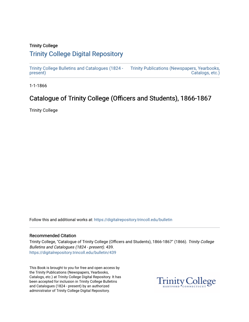 Catalogue of Trinity College (Officers and Students), 1866-1867