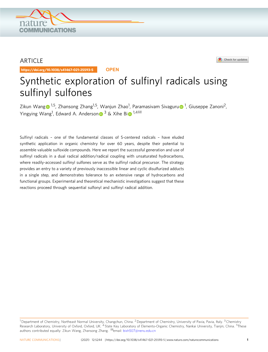 Synthetic Exploration of Sulfinyl Radicals Using Sulfinyl Sulfones