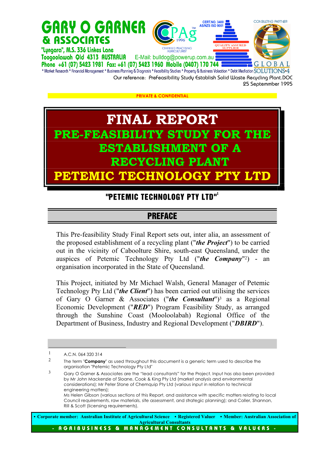 Prefeasibility Study Establish Solid Waste Recycling Plant.DOC 25 Septemmber 1995