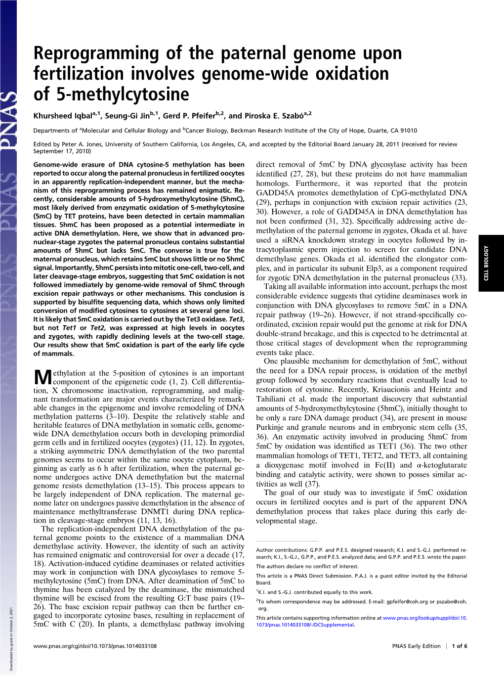 Reprogramming of the Paternal Genome Upon Fertilization Involves Genome-Wide Oxidation of 5-Methylcytosine