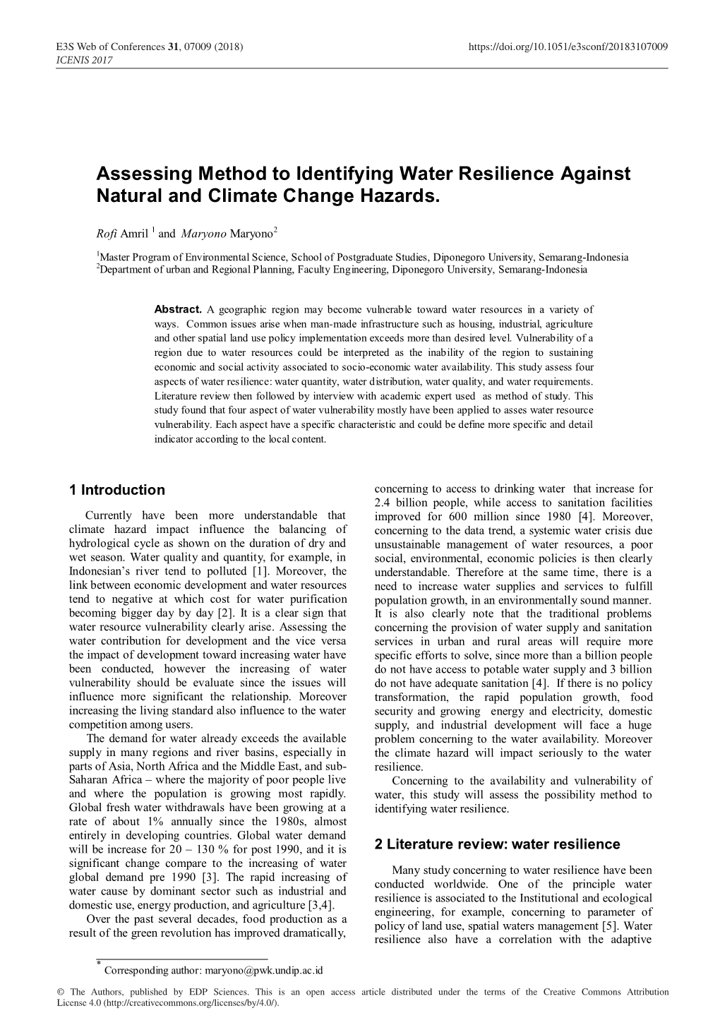 Assessing Method to Identifying Water Resilience Against Natural and Climate Change Hazards