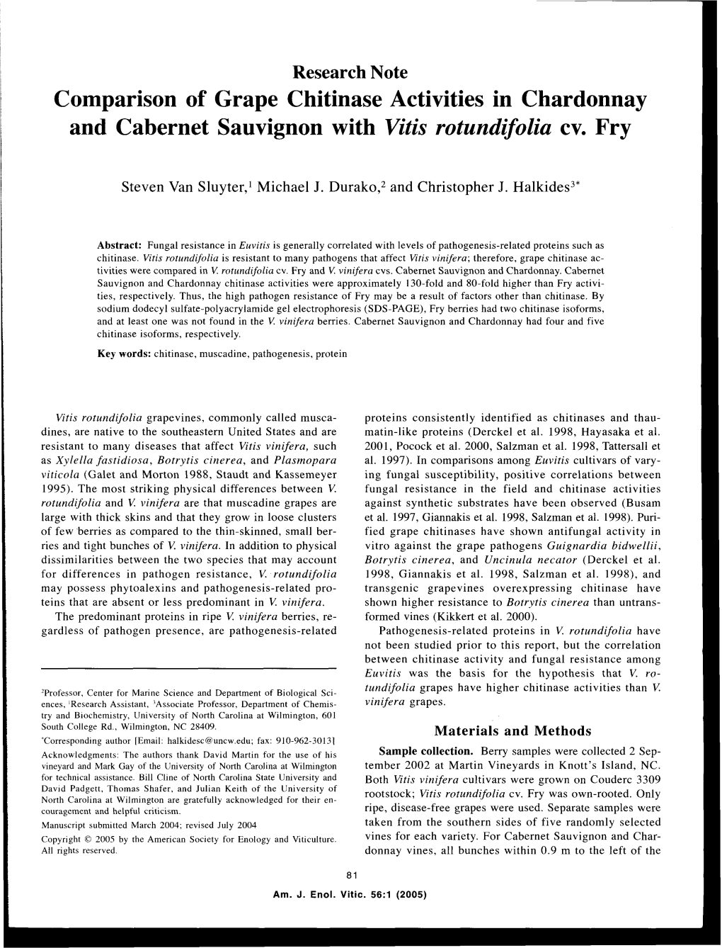 Comparison of Grape Chitinase Activities in Chardonnay and Cabernet Sauvignon with Vitis Rotundifolia Cv