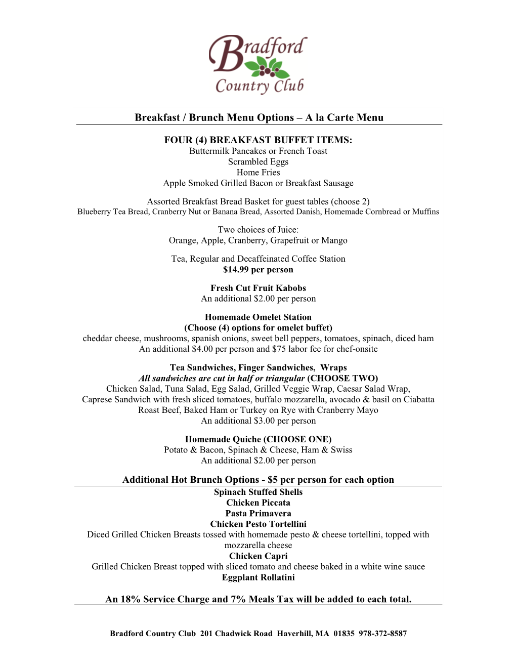 Breakfast / Brunch Menu Options – a La Carte Menu