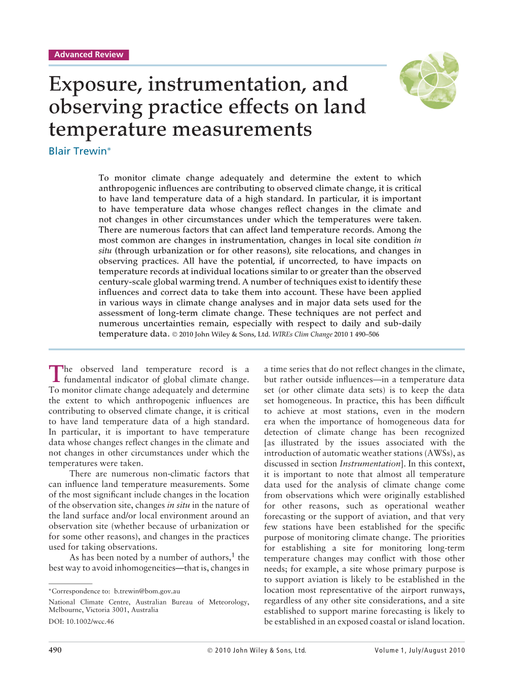 Exposure, Instrumentation, and Observing Practice Effects on Land Temperature Measurements Blair Trewin∗