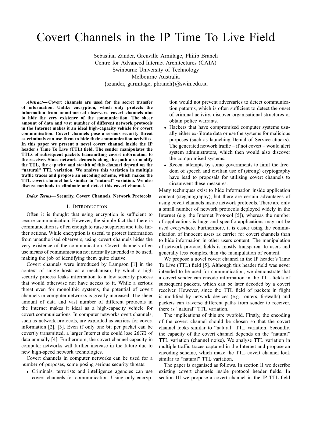 Covert Channels in the IP Time to Live Field