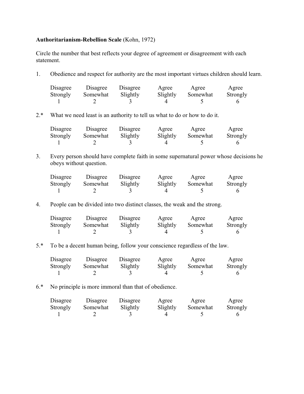 Authoritarianism-Rebellion Scale (Kohn, 1972)