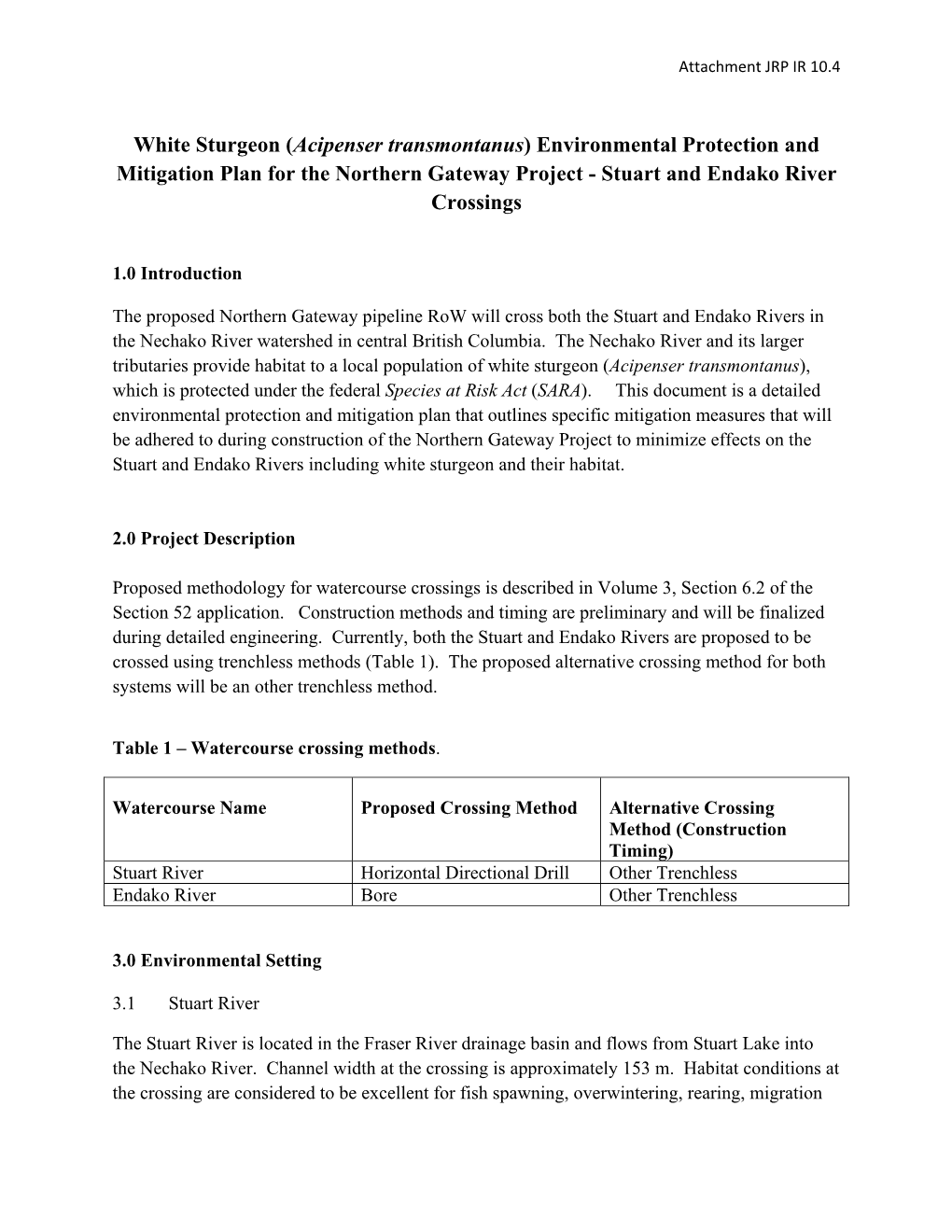 White Sturgeon (Acipenser Transmontanus) Environmental Protection and Mitigation Plan for the Northern Gateway Project - Stuart and Endako River Crossings