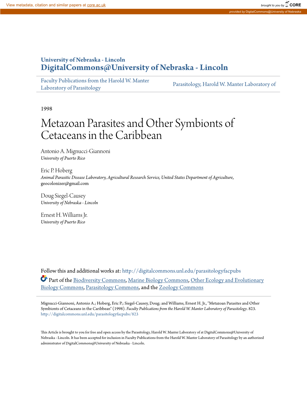 Metazoan Parasites and Other Symbionts of Cetaceans in the Caribbean Antonio A