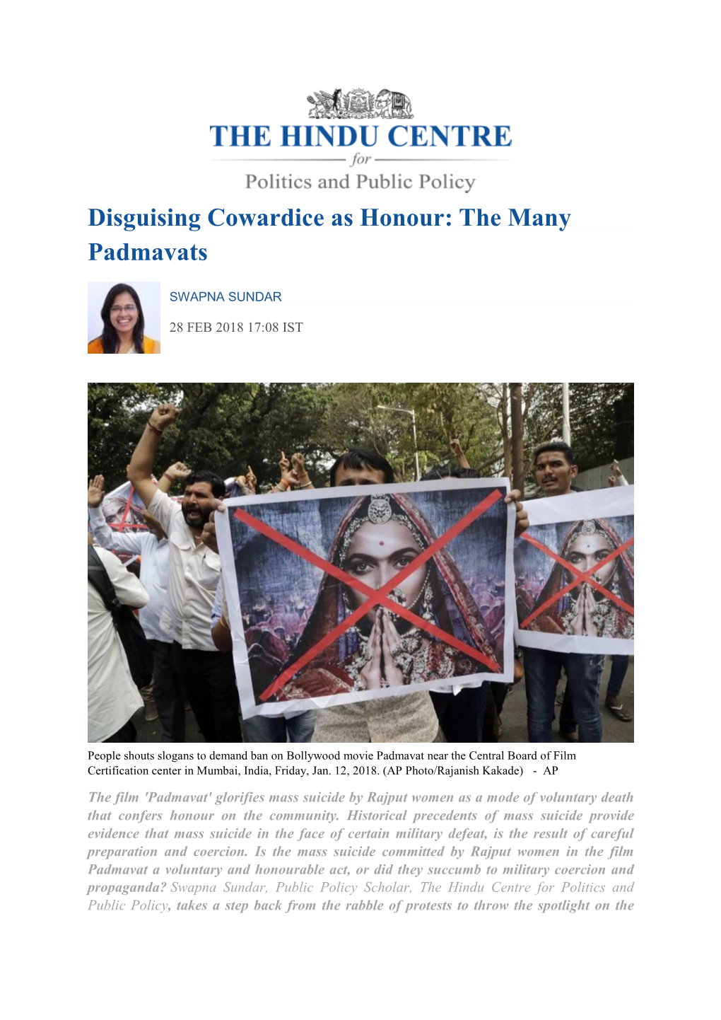 Disguising Cowardice As Honour: the Many Padmavats