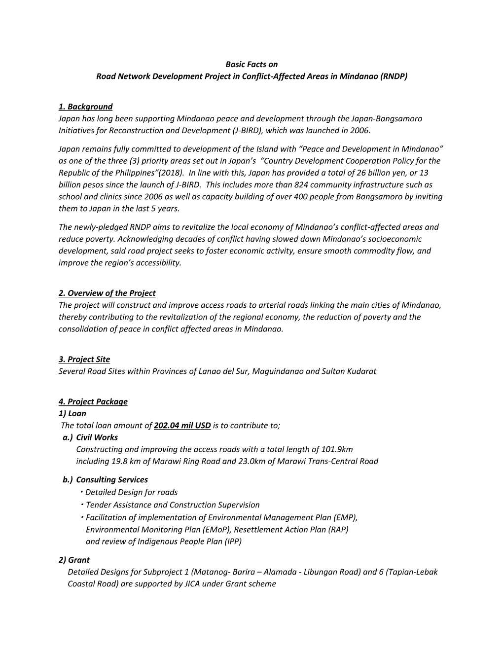 Basic Facts on Road Network Development Project in Conflict-Affected Areas in Mindanao (RNDP)