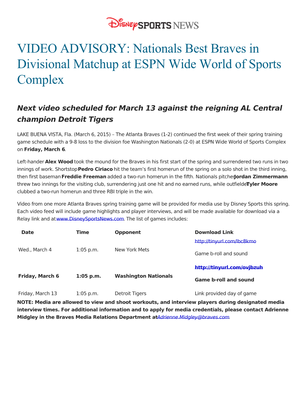 VIDEO ADVISORY: Nationals Best Braves in Divisional Matchup at ESPN Wide World of Sports Complex