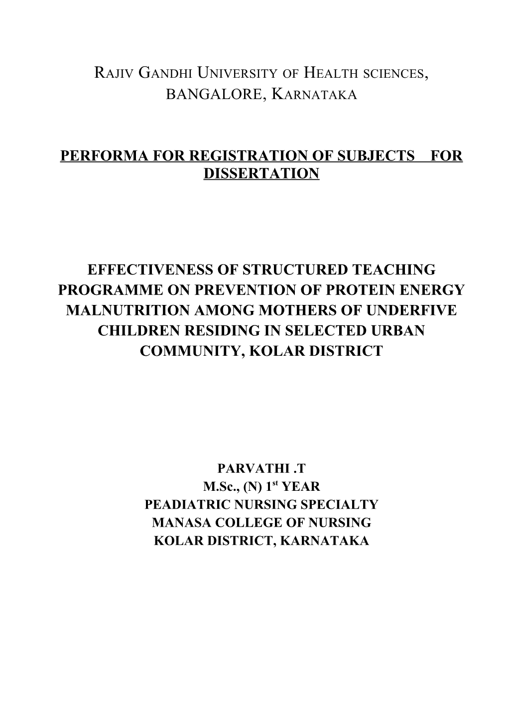 Performa for Registration of Subjects for Dissertation