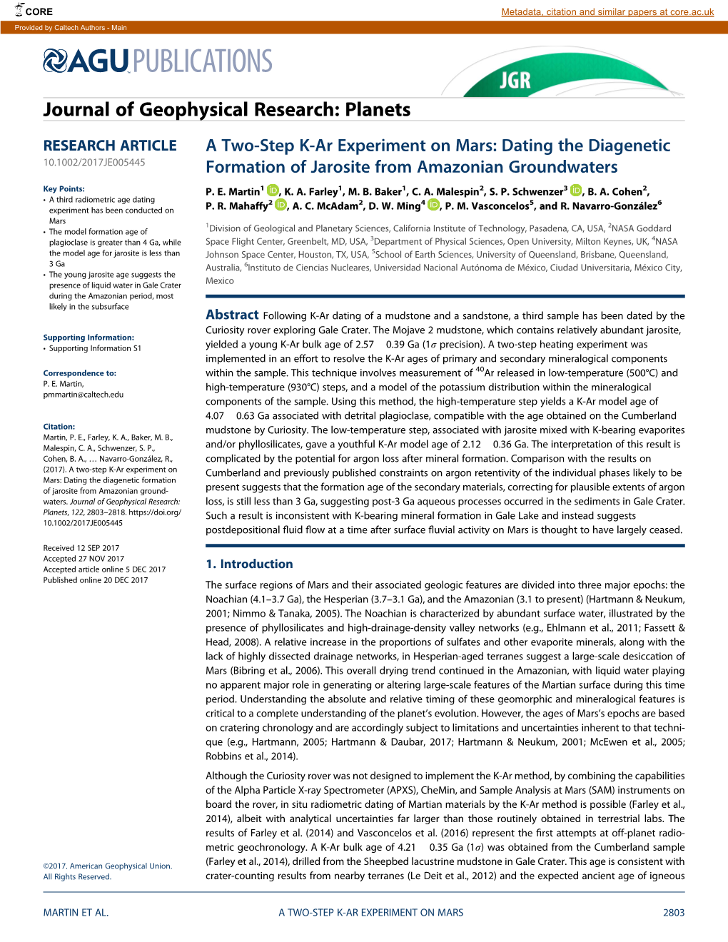 A Two-Step K-Ar Experiment on Mars: Dating the Diagenetic Formation Of