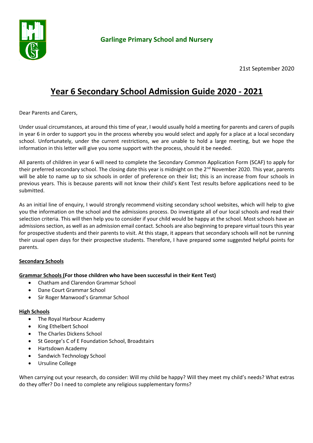 Secondary School Application Guidance 2020-2021