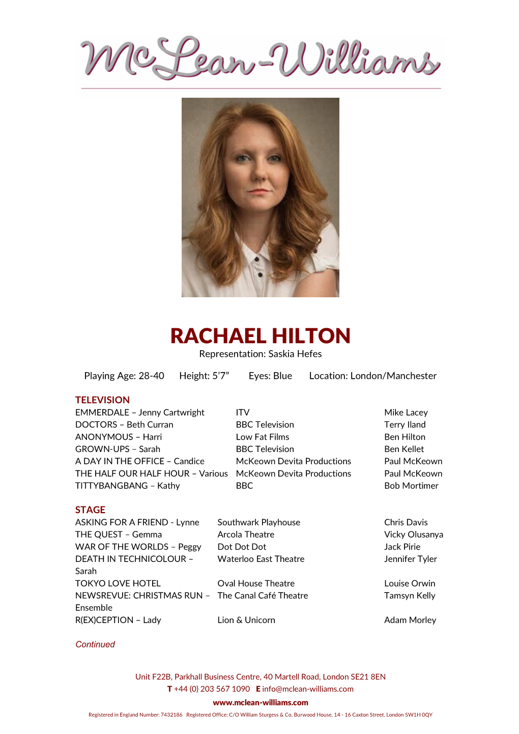 RACHAEL HILTON Representation: Saskia Hefes
