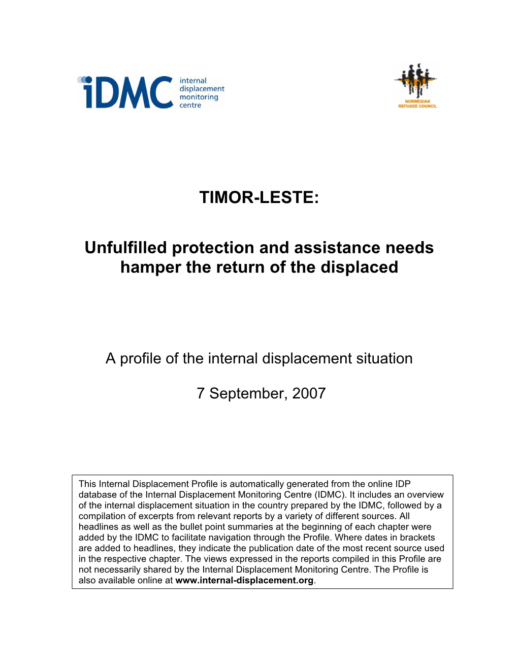 TIMOR-LESTE: Unfulfilled Protection and Assistance Needs Hamper the Return of the Displaced