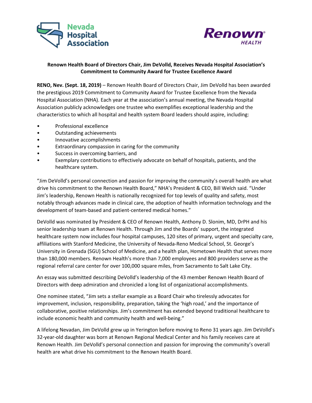 Renown Health Board of Directors Chair, Jim Devolld, Receives Nevada Hospital Association’S Commitment to Community Award for Trustee Excellence Award