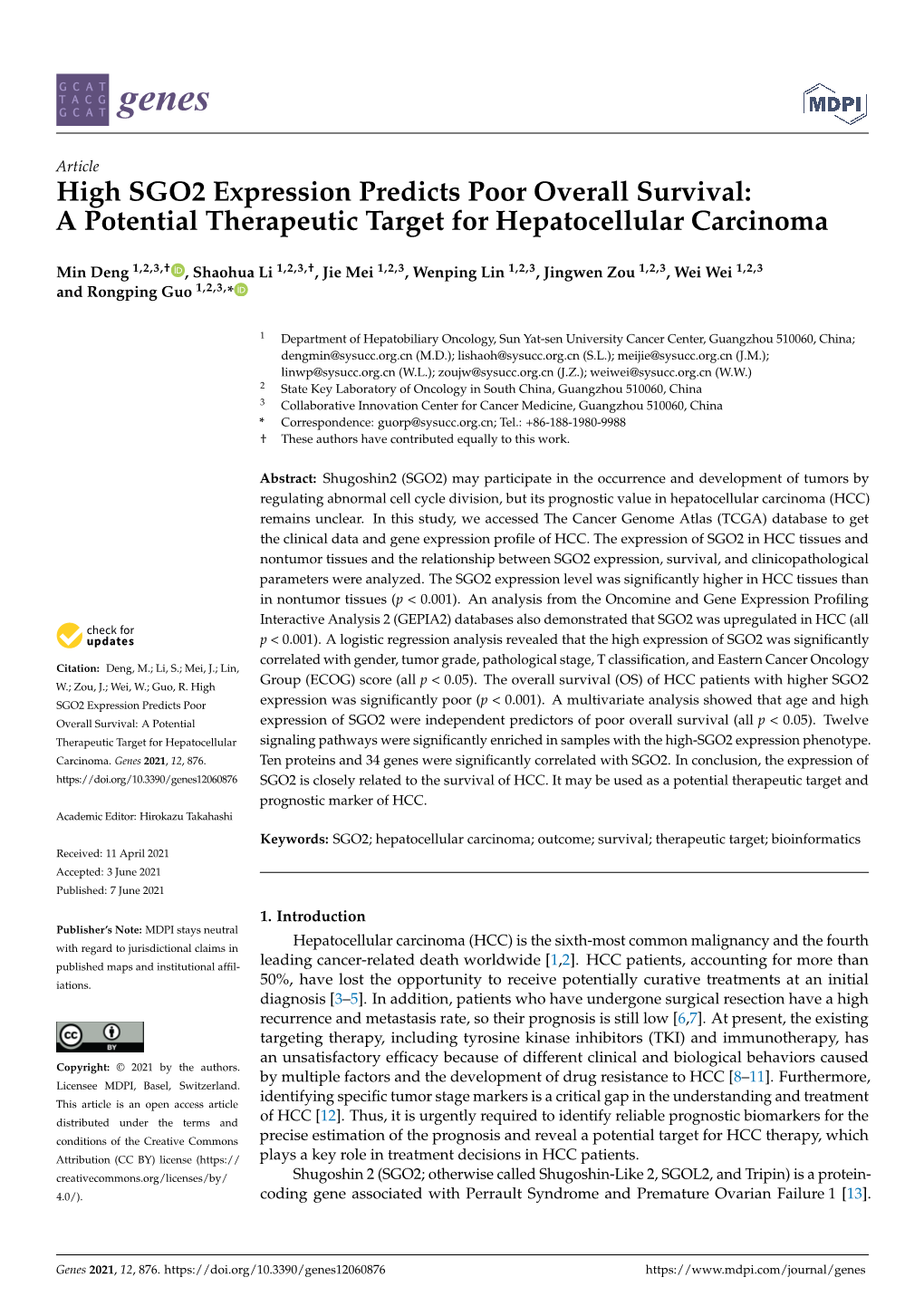 High SGO2 Expression Predicts Poor Overall Survival: a Potential Therapeutic Target for Hepatocellular Carcinoma