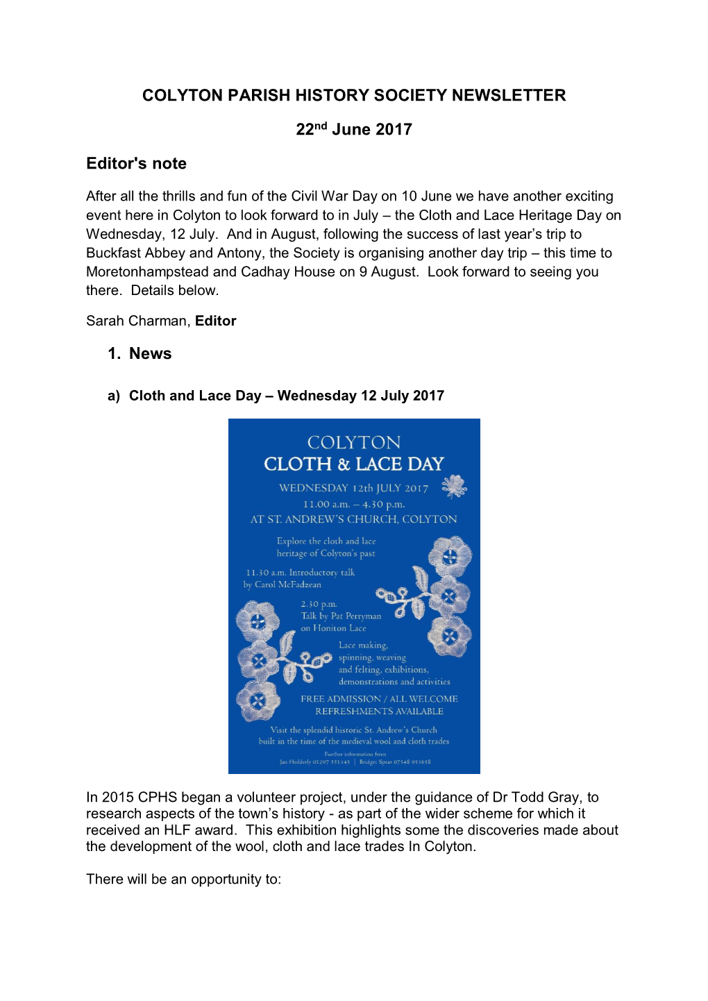 COLYTON PARISH HISTORY SOCIETY NEWSLETTER 22Nd