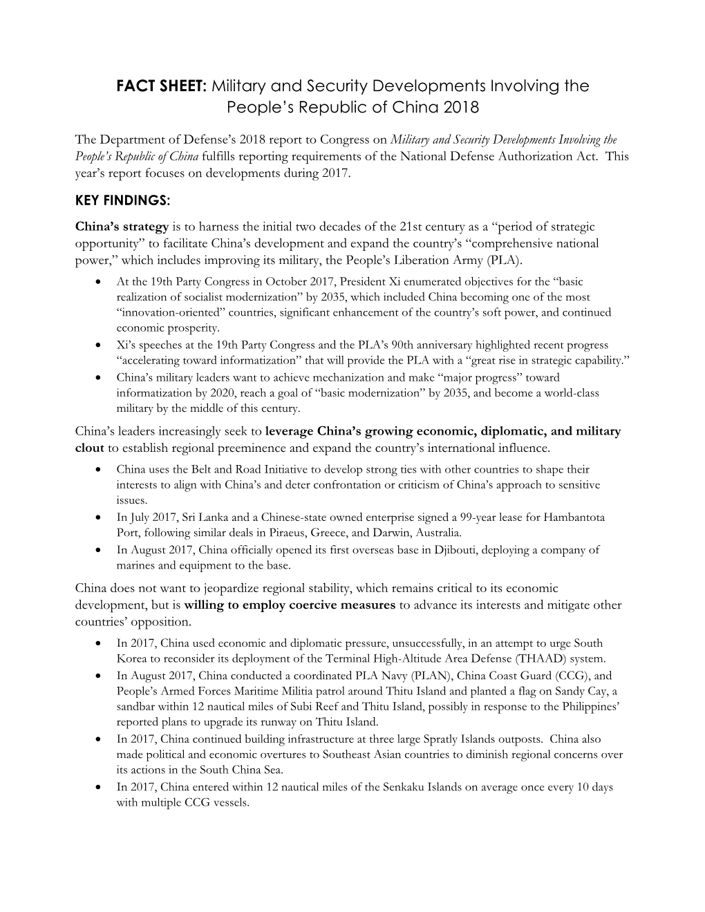 FACT SHEET: Military and Security Developments Involving the People’S Republic of China 2018