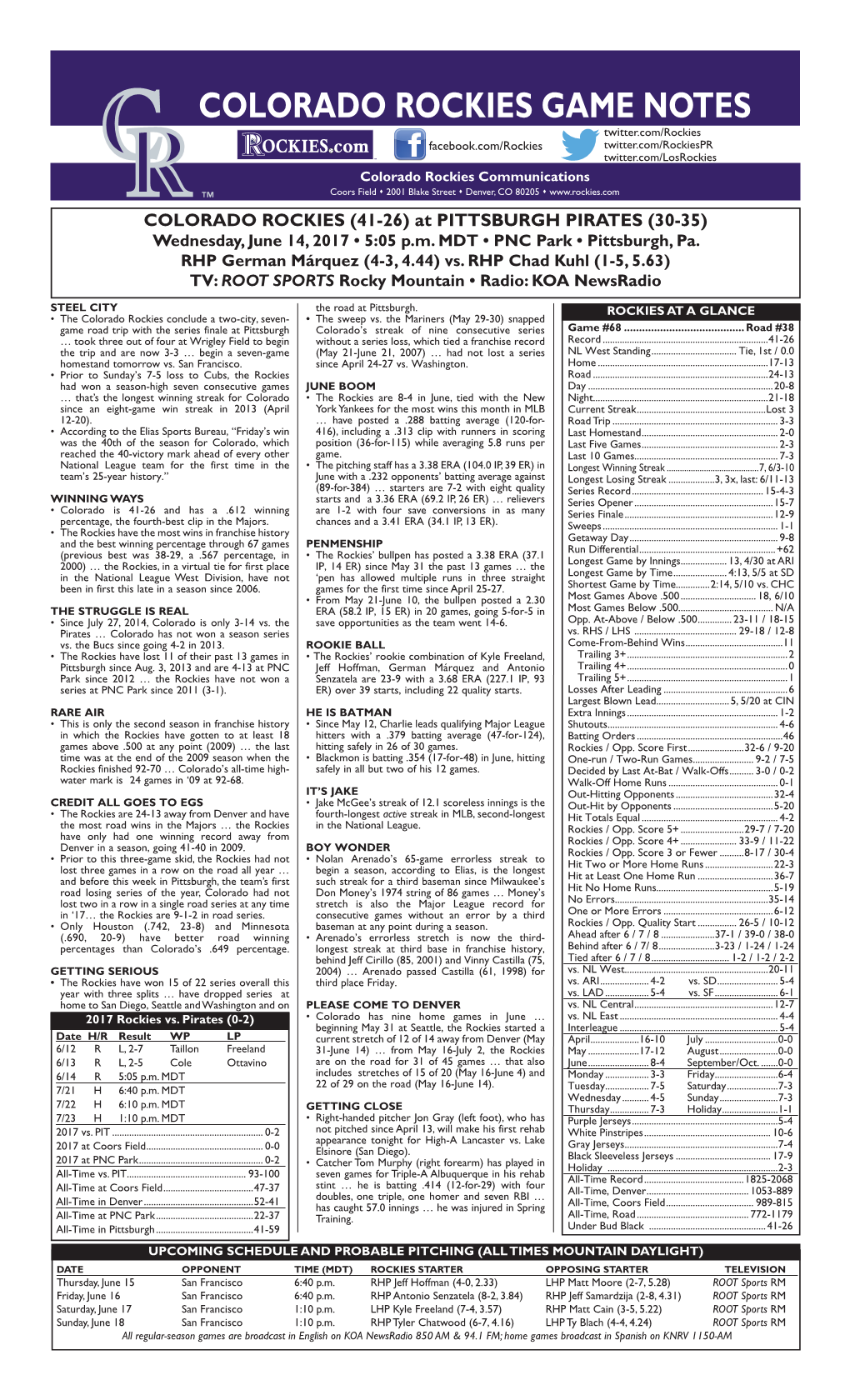 Colorado Rockies Game Notes