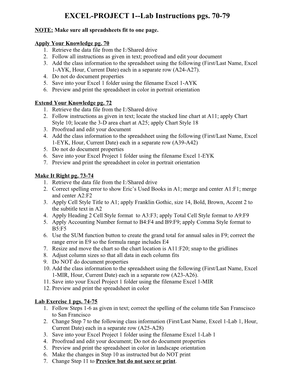 EXCEL-PROJECT 1 Lab Instructions Pgs. 70-79