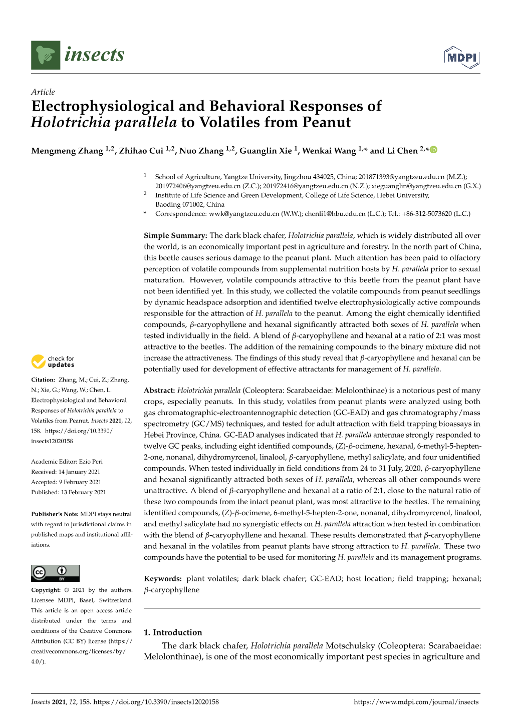 Electrophysiological and Behavioral Responses of Holotrichia Parallela to Volatiles from Peanut