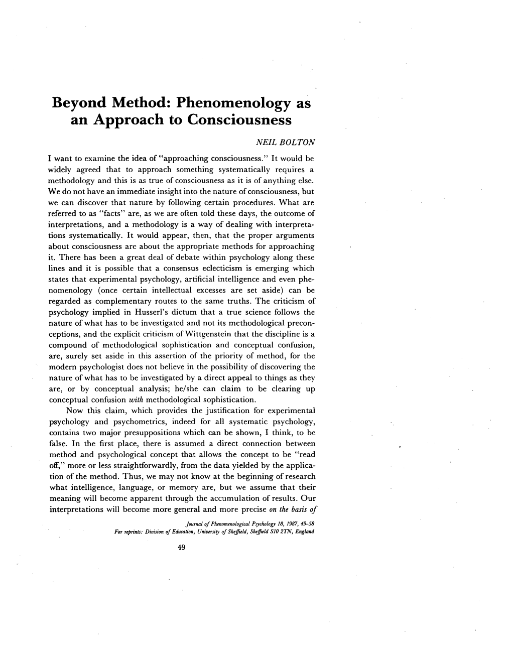 Phenomenology As an Approach to Consciousness NEIL