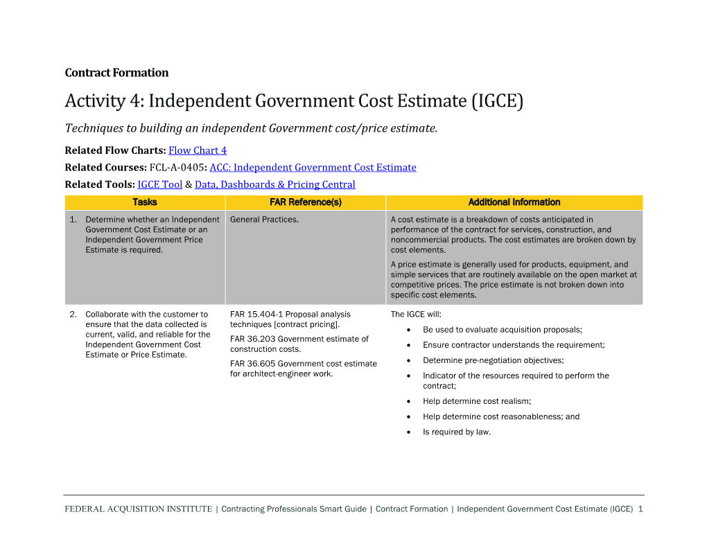 Activity 4: Independent Government Cost Estimate (IGCE) Techniques to Building an Independent Government Cost/Price Estimate