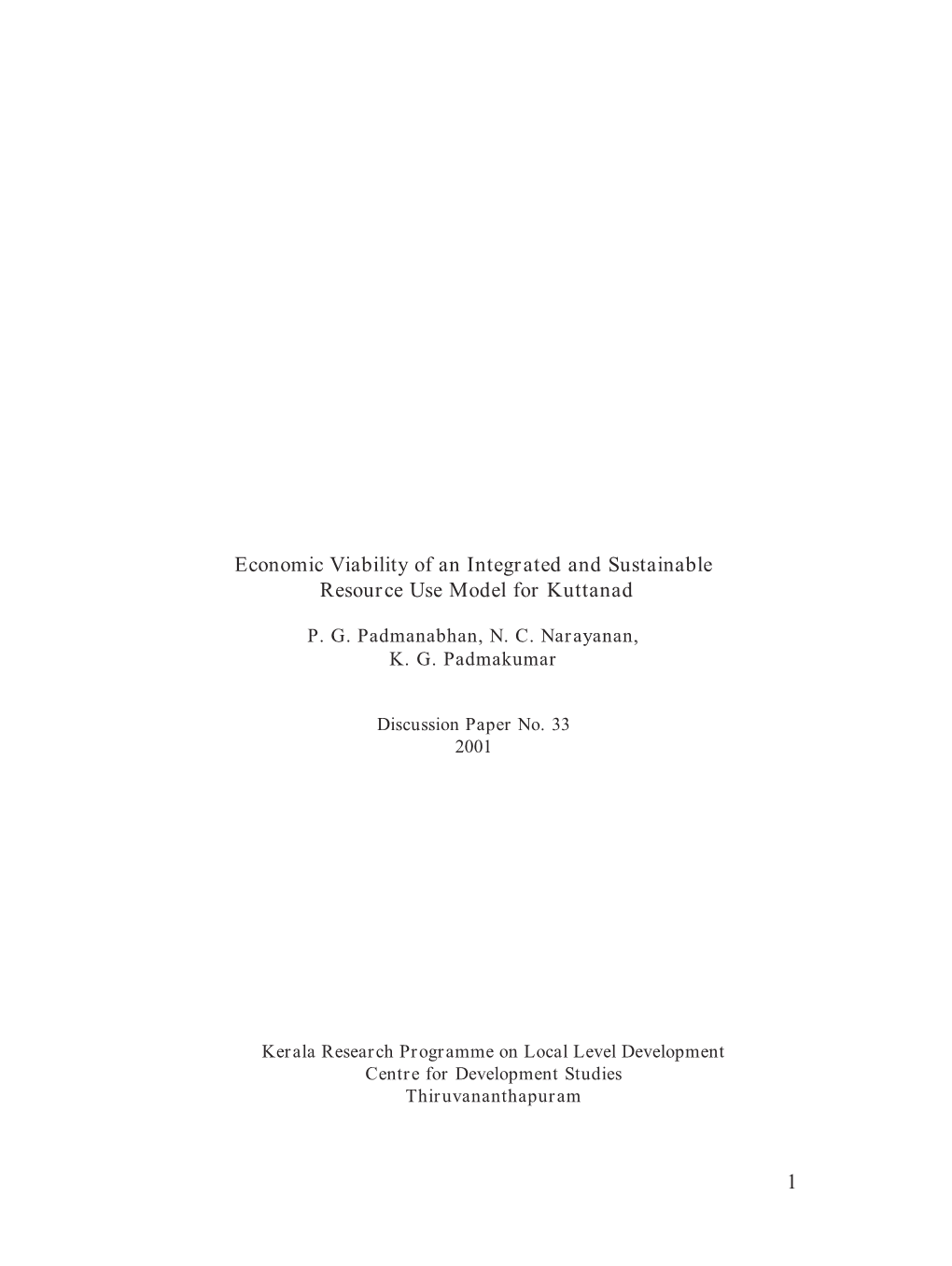 1 Economic Viability of an Integrated and Sustainable Resource Use Model for Kuttanad