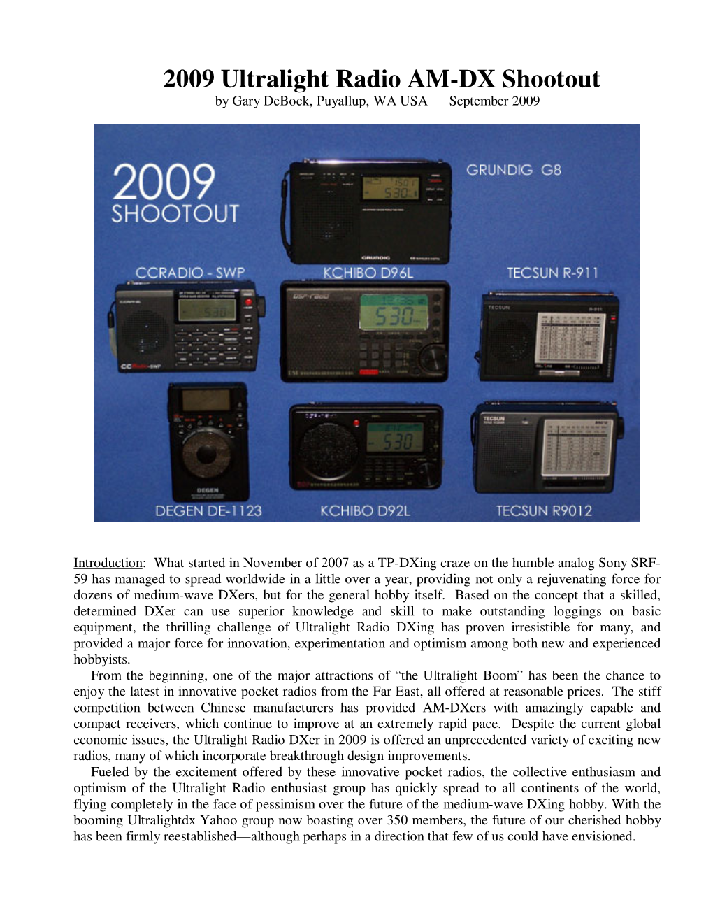 2009 Ultralight Radio AM-DX Shootout by Gary Debock, Puyallup, WA USA September 2009