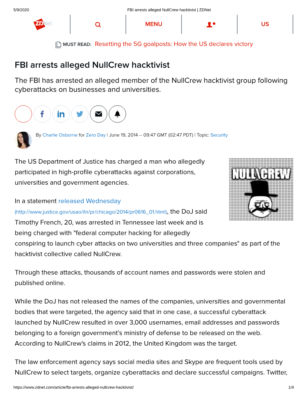 FBI Arrests Alleged Nullcrew Hacktivist | Zdnet