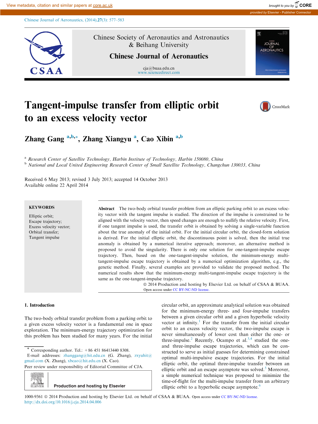 Tangent-Impulse Transfer from Elliptic Orbit to an Excess Velocity Vector