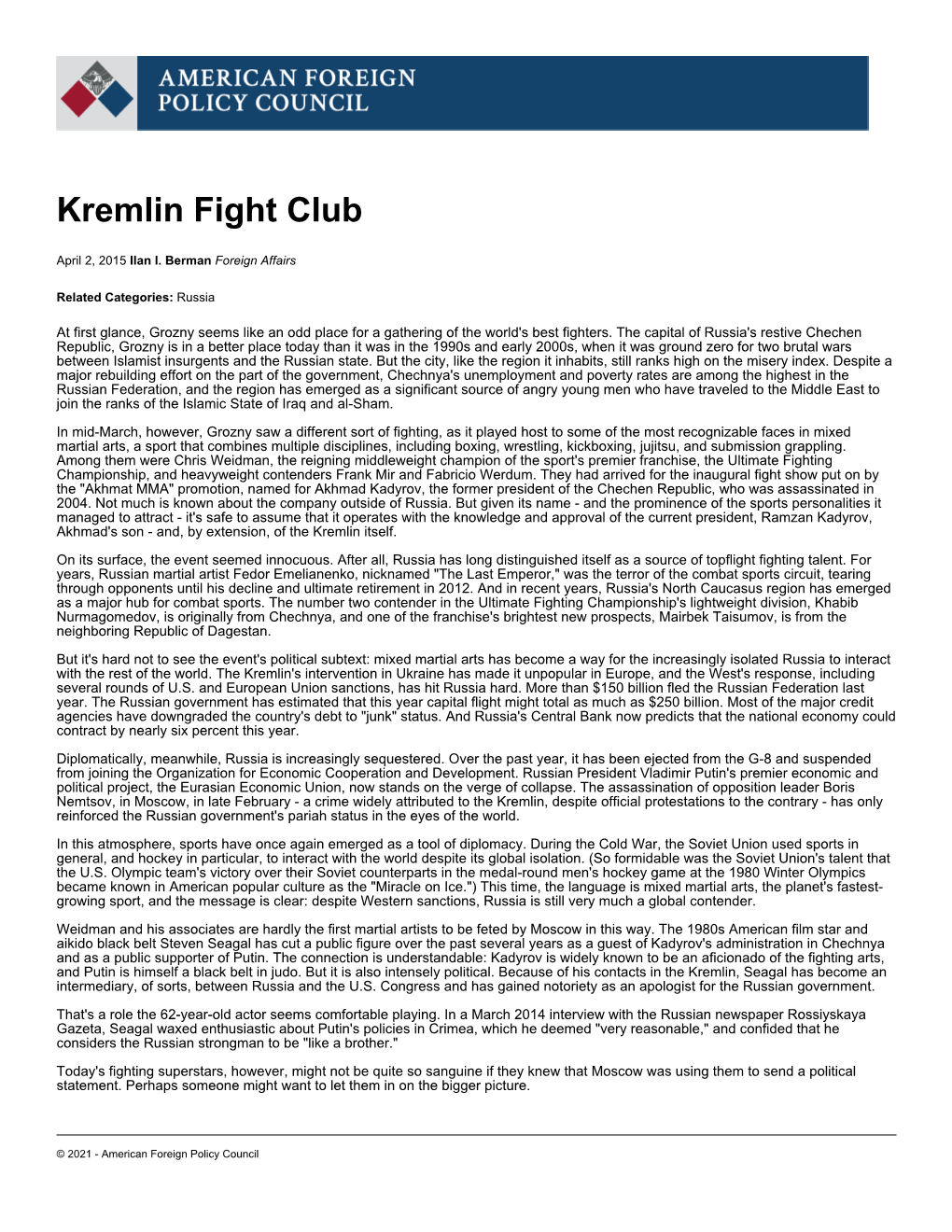 Kremlin Fight Club | American Foreign Policy Council