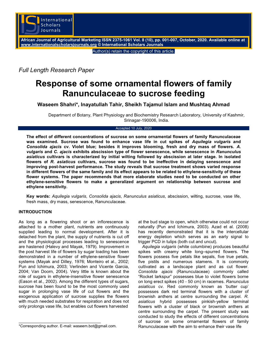 Response of Some Ornamental Flowers of Family Ranunculaceae to Sucrose Feeding