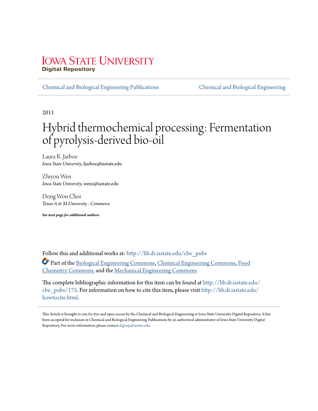 Fermentation of Pyrolysis-Derived Bio-Oil Laura R