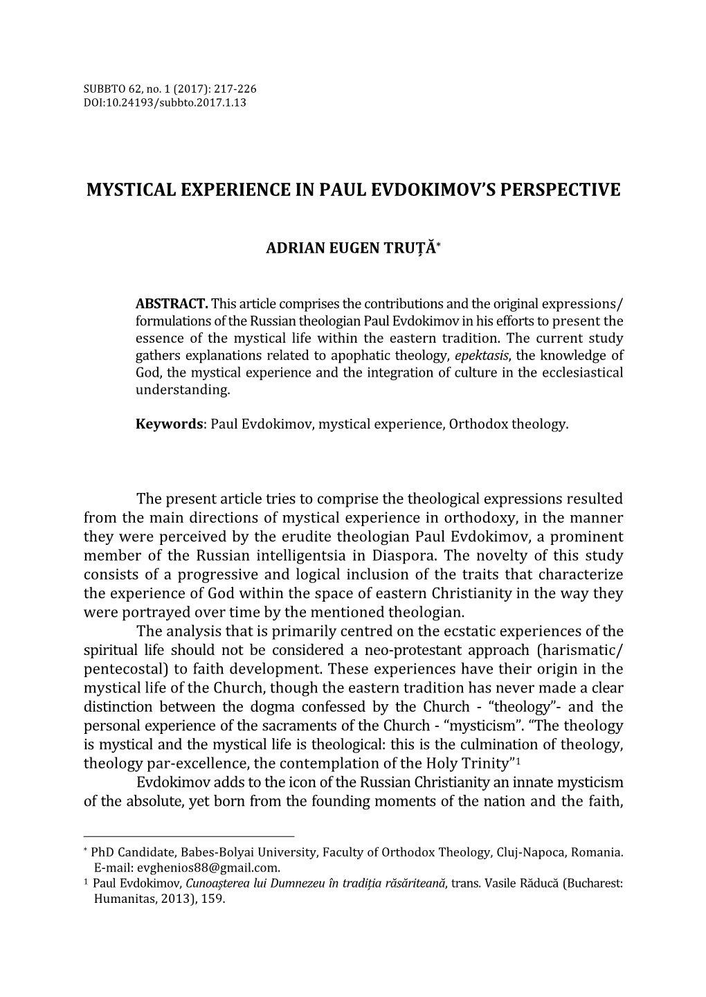Mystical Experience in Paul Evdokimov's Perspective